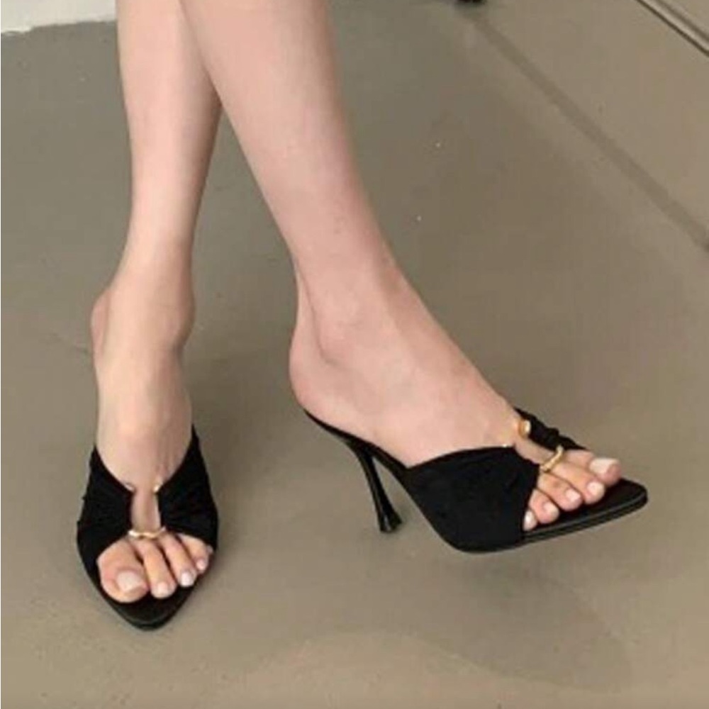 Black open toe ruched gold heeled sandal heels